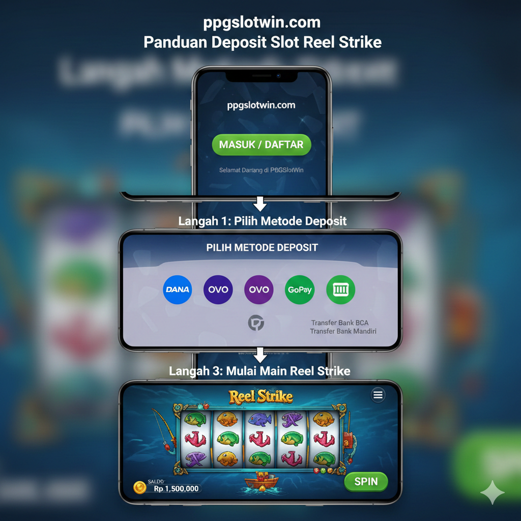 Ilustrasi yang menggambarkan langkah-langkah transaksional untuk pemain Indonesia. Tampilkan visual 'mobile-friendly' yang berfokus pada layar smartphone. Gambarkan urutan langkah: 'Login/Daftar' (tombol hijau), 'Pilih Metode Deposit' (ikon e-wallet DANA, OVO, GoPay, dan logo bank lokal), dan 'Mulai Main Reel Strike' (layar game yang sudah dimuat). Gunakan panah atau alur visual yang jelas untuk memandu pandangan. Estetika harus bersih, profesional, dan dapat dipercaya, sesuai citra situs ppgslotwin.com.