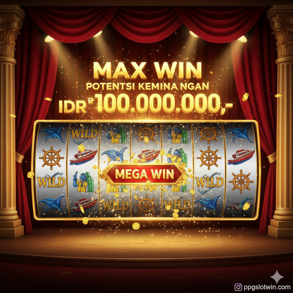 Gambar yang menekankan keunggulan Max Win dan potensi kemenangan IDR. Tampilkan sebuah layar slot Reel Strike di mana simbol Wild dan simbol bernilai tinggi (seperti penyelam dan perahu) berjejer sempurna pada payline, memicu 'BIG WIN' atau 'MEGA WIN'. Fokuskan pada jumlah Rupiah (IDR) yang sangat besar di bagian atas layar. Gunakan efek cahaya emas yang intens dan latar belakang panggung yang mewah untuk melambangkan potensi kekayaan, menonjolkan potensi 100 Juta IDR seperti yang disebutkan dalam artikel.
