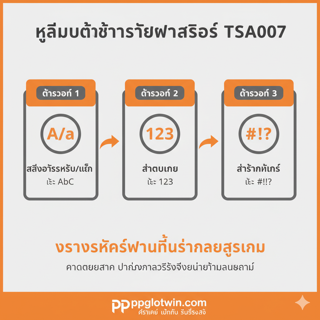 ภาพขั้นตอนการตั้งค่ารหัสผ่านสล็อต (instellen password tutorial) สไตล์ Infographic ที่ชัดเจนและเป็นขั้นตอน โทนสีส้มและเทาอ่อน แสดงภาพ 3 ขั้นตอนหลักในการตั้งรหัสผ่านที่มีความซับซ้อน (เช่น Step 1: ใส่ตัวอักษรใหญ่/เล็ก, Step 2: ใส่ตัวเลข, Step 3: ใส่สัญลักษณ์) แต่ละขั้นตอนมีไอคอนกำกับ (เช่น รูปตัวอักษร A/a, ตัวเลข 123, สัญลักษณ์ #!?) มีลูกศรชี้จากขั้นตอนหนึ่งไปอีกขั้นตอนหนึ่งอย่างต่อเนื่อง เน้นที่คำแนะนำในการสร้างรหัสที่คาดเดายากเพื่อความปลอดภัยสูงสุด