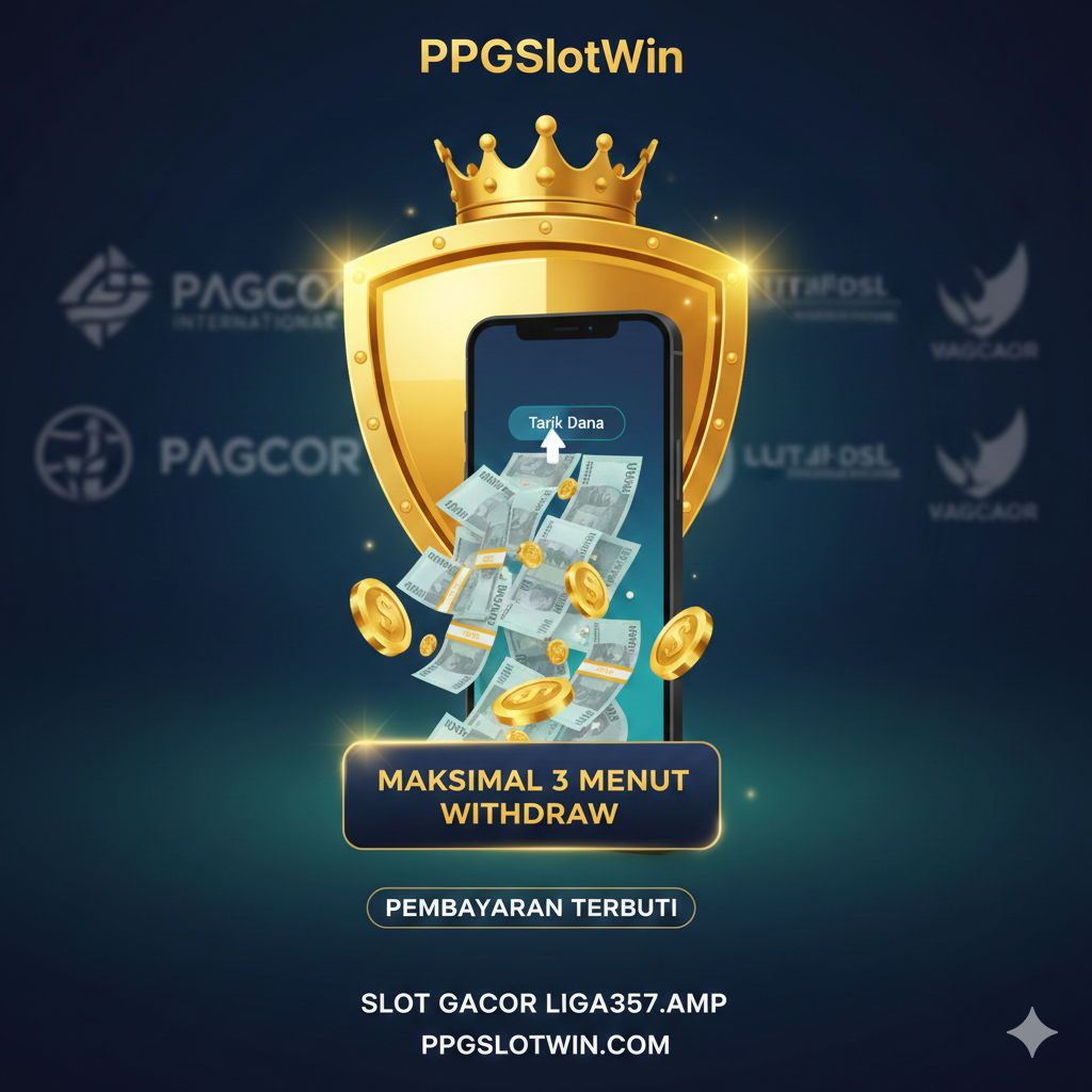 Gambar keunggulan fitur, menyoroti penarikan cepat dan jaminan keamanan. Intinya adalah simbol perisai emas bermahkota, melambangkan keamanan dan kepercayaan tertinggi PPGSlotWin. Di depan perisai, tumpukan uang kertas (Rupiah Indonesia atau chip emas abstrak) dengan cepat mengalir keluar dari tombol “Withdraw” di layar ponsel, dengan pengatur waktu di bawahnya menunjukkan “Maksimal 3 Menit Withdraw”, menekankan kecepatan. Latar belakang dapat memiliki logo buram badan pengatur internasional seperti PAGCOR, meningkatkan kredibilitas. Warna-warna keseluruhan bermartabat dan penuh nilai, menyampaikan janji “Pembayaran Terbukti”.