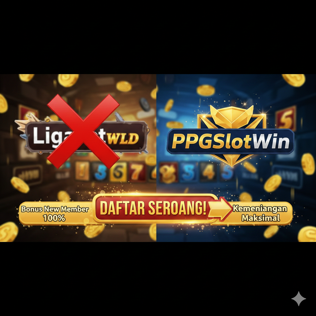 Gambar ringkasan, untuk ajakan bertindak (CTA) dan keputusan akhir. Komposisi menggunakan desain kontras, menempatkan logo "Liga357" yang buram dan agak usang di sebelah kiri, dicoret dengan tanda X; di sebelah kanan adalah logo "PPGSlotWin" yang jelas, modern, dan bersinar dengan kemenangan. Di tengah terdapat tombol atau panah besar dan mencolok dengan tulisan "DAFTAR SEKARANG!". Latar belakang adalah dunia game yang dinamis dengan efek drop bonus, menekankan manfaat utama dari "Bonus New Member 100%" dan "Kemenangan Maksimal". Gaya ini penuh dengan persuasi dan seruan untuk bertindak.