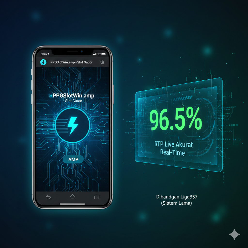 Fitur gambar, berfokus pada RTP real-time dan kecepatan mobile PPGSlotWin. Sisi kiri menunjukkan tangkapan layar ponsel modern antarmuka utama PPGSlotWin dengan animasi loading cepat (simbol kilat), mewakili kecepatan ".amp". Sisi kanan menampilkan grafik abstrak dasbor data real-time, dengan angka persentase besar (misalnya 96.5%) disorot, dan berlabel "RTP Live Akurat Real-Time". Menggunakan elemen aliran data biru dan hijau, menekankan akurasi, aktualitas, dan nuansa teknologi data, kontras dengan sistem lama Liga357.