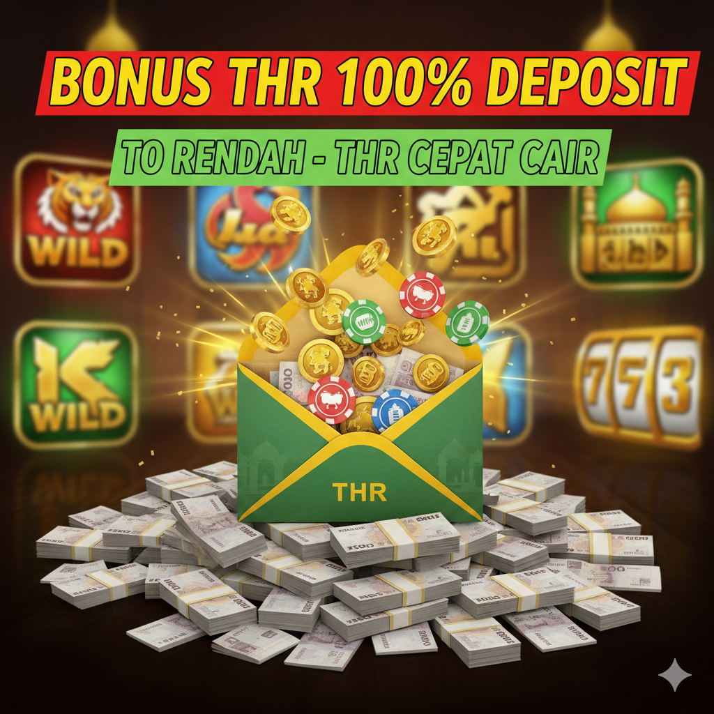 Gambar ini harus fokus pada visualisasi 'Bonus THR Idul Fitri 100%' yang merupakan fitur utama artikel. Tampilkan tumpukan uang tunai Rupiah (IDR) dan amplop THR yang besar dan terbuka, dari mana koin emas dan chip kasino virtual berhamburan keluar. Gunakan infografis yang jelas dengan label menonjol: 'BONUS THR 100% DEPOSIT' dan 'TO RENDAH - THR CEPAT CAIR'. Gaya visual harus energik dan langsung, dengan warna-warna cerah seperti merah, kuning, dan hijau Lebaran, untuk menyampaikan nilai dan kemudahan klaim bonus. Di latar belakang samar-samar, tampilkan ikon-ikon game slot populer seperti simbol Wild atau Scatter.