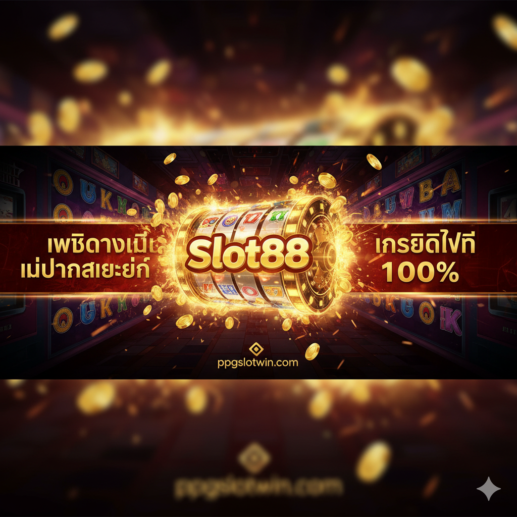 一张极具视觉冲击力的封面横幅图，主题为'Slot Online Slot88 เว็บตรงไม่ผ่านเอเย่นต์'。主色调应采用代表财富และ激情的金、红、黑三色。图片中央是一个闪耀ของ Slot88 สัญลักษณ์的老虎机滚轮或金币堆，配以爆炸性的光芒และ火花（fire/flame effect）。左侧醒目标注'เว็บตรงไม่ผ่านเอเย่นต์'，右侧突出显示'เครดิตฟรี 100%'，使用泰语粗体字。整体风格应是高端、动态、充满赢钱氛围的赌场/游戏界面，以吸引用户的注意力。
