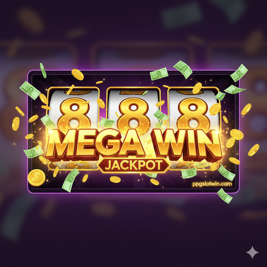 一张展示'แตกง่าย แตกบ่อย'（易爆奖、常爆奖）核心功能的图片。构图应突出老虎机屏幕上巨大的JACKPOT หรือ 'MEGA WIN' 字样，背景是散落的泰铢或金币。可以加入三个老虎机滚轮（Reels）的特写，其中两个或三个'8'（代表Slot88）完美对齐，象征胜利。色彩使用高饱和度的金色和绿色（代表现金），风格应是现代、清晰、强调高回报率和高出分率的游戏画面截图。