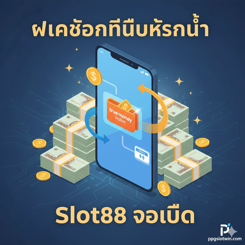 一张突出'Slot88 วอเลท'และ'ฝากถอนไม่มีขั้นต่ำ'优势的图片。画面中央应是手机屏幕界面，显示True Money Wallet的标志（橙色钱包图标）和银行转账图标，旁边มี堆叠的泰铢现金หรือ金币，象征资金流动。主要文字应是'ฝากถอนไม่มีขั้นต่ำ'และ'Slot88 วอเลท'，强调其便捷性、速度และ灵活性。风格应是专业的金融科技 (FinTech) 插画，色彩干净、突出安全感และ快速交易。