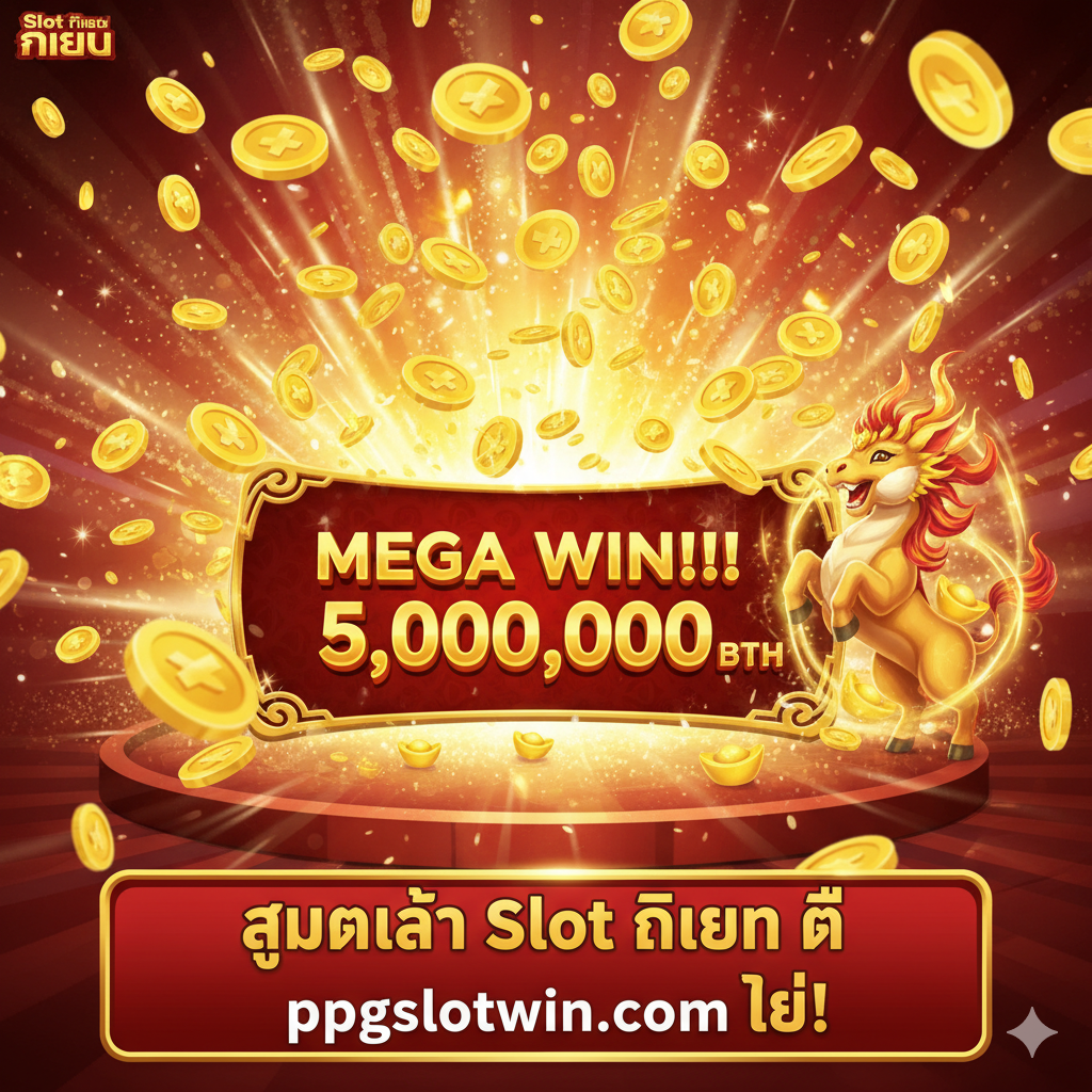 ภาพจำลองหน้าจอ 'BIG WIN' (ชนะรางวัลใหญ่) จากเกม 'Slot กิเลน' ที่แสดงให้เห็นว่าเกม 'แตกง่าย' จริง หน้าจอเต็มไปด้วยเหรียญทองที่พุ่งออกมา และมีตัวเลขรางวัลใหญ่แสดงอยู่ตรงกลางอย่างเด่นชัด ตัวกิเลนกำลังแสดงท่าทางยินดี ด้านล่างมีแถบ Call-to-Action (CTA) ที่โดดเด่น เขียนข้อความภาษาไทยว่า 'สมัครเล่น Slot กิเลน ที่ ppgslotwin.com เลย!' ใช้สีแดงและทองเป็นหลักเพื่อกระตุ้นความรู้สึกตื่นเต้นและเร่งด่วน