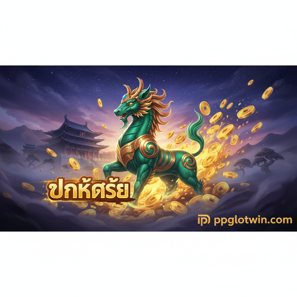 ภาพหน้าปกที่น่าดึงดูดใจของเกม 'Slot กิเลน' (Ways of the Qilin) โดยมีตัวกิเลน (Qilin) ที่สง่างามเป็นจุดเด่น กิเลนมีสีเขียวมรกตและทอง ล้อมรอบด้วยเหรียญทองที่ระเบิดออกมา (สื่อถึง 'แตกง่าย') องค์ประกอบฉากหลังเป็นวัดจีนโบราณใต้ท้องฟ้ายามค่ำคืนที่เต็มไปด้วยดวงดาวและหมอกควันลึกลับ ใช้โทนสีทอง ม่วง และเขียวเข้มเพื่อสร้างความรู้สึกหรูหราและโชคลาภ มีโลโก้ 'ppgslotwin.com' อยู่ที่มุมล่างขวาอย่างชัดเจน