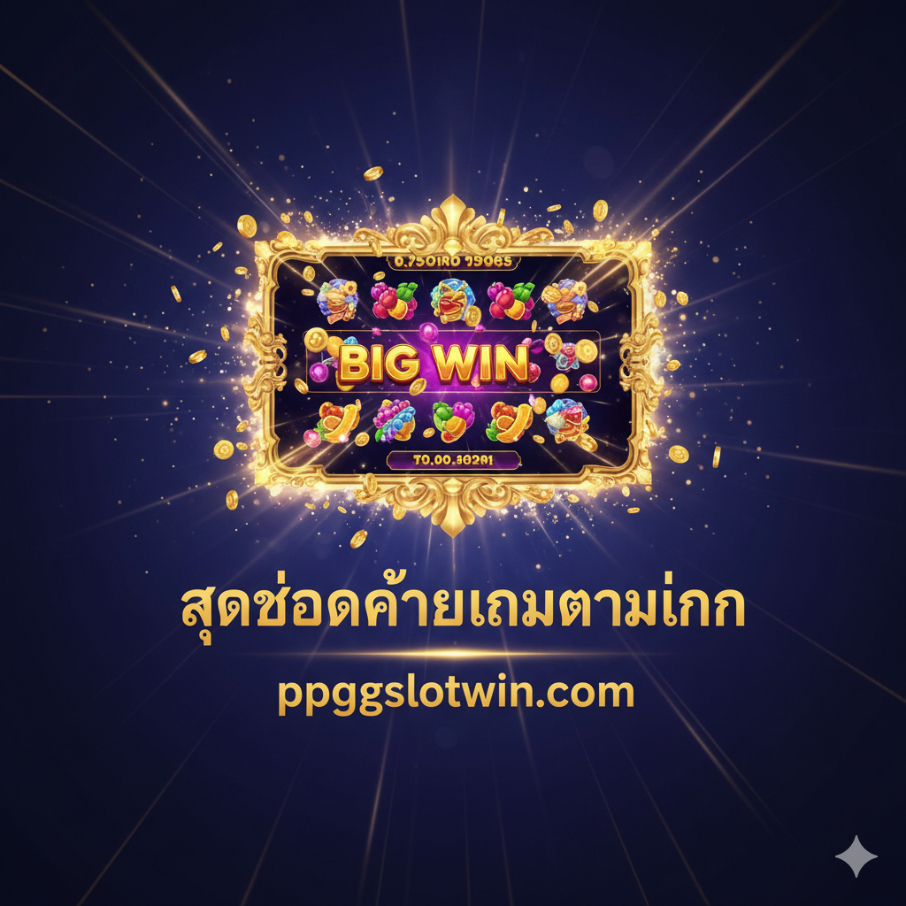一张吸引인의PPG Slot游戏主题封面图，主色调为深蓝或紫色，搭配金色的闪光และ光束。中央位置是代表性的slot display（老虎机屏幕）界面，显示着高倍率的大赢（Big Win）或杰克珀ต（Jackpot）画面，最好是来自《Gates of Olympus》或《Sweet Bonanza》的元素。构图应充满活力และ动感，强调“สุดยอดค่ายเกมทำเงิน”的主题，并醒目标注ppgslotwin.com的Logo或网址，风格是高端、大气、奢华的在线娱乐城。