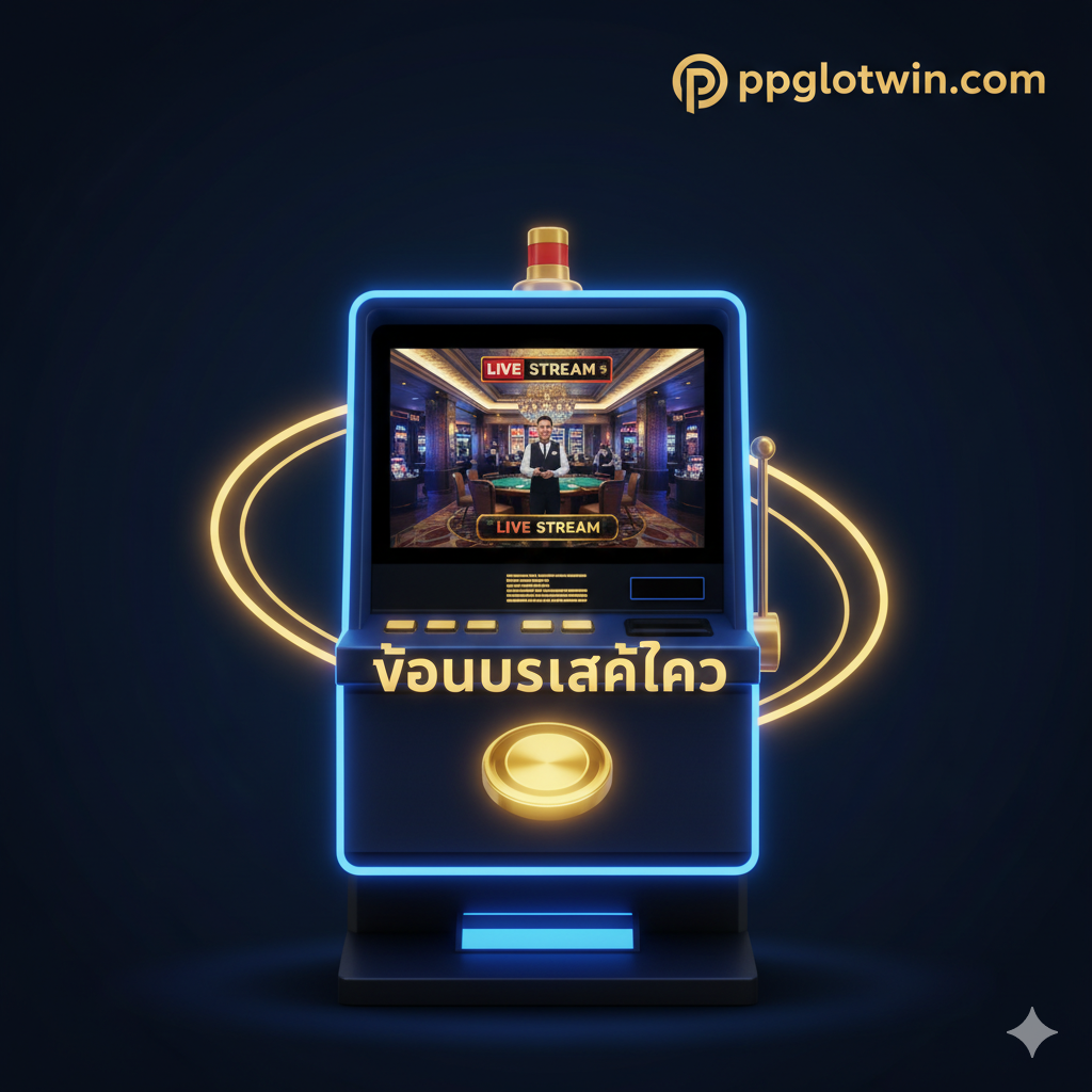 ภาพหน้าปกสไตล์พรีเมียมและทันสมัย เน้นสีน้ำเงินเข้มและสีทองเพื่อสื่อถึงความน่าเชื่อถือและความหรูหรา องค์ประกอบหลักคือ เครื่องสล็อตแมชชีน ที่สว่างไสว พร้อมหน้าจอที่แสดงผลเป็นวิดีโอ Live Stream ของดีลเลอร์หรือบรรยากาศคาสิโนสดแบบเบลอ ๆ ด้านหน้ามีปุ่มกดขนาดใหญ่ที่เขียนคำว่า 'First Contact' หรือ 'โบนัสแรกเข้า' แสงไฟนีออนสีทองพุ่งออกมาจากเครื่องสล็อตและล้อมรอบโลโก้ ppgslotwin.com (สมมติว่ามี) เพื่อดึงดูดสายตา สร้างความรู้สึกตื่นเต้นและเชื้อเชิญให้เริ่มต้นเล่น