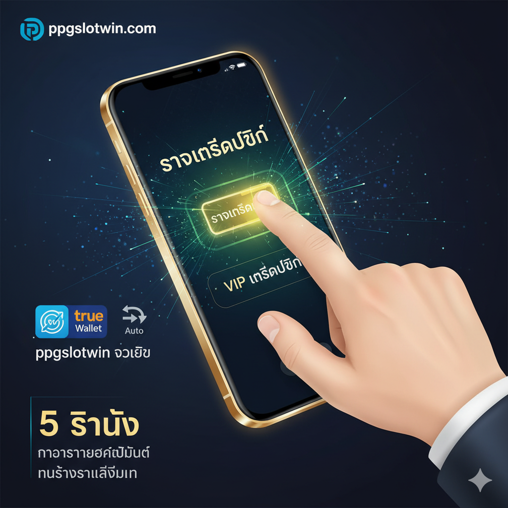 ภาพเน้นคุณสมบัติ 'กดรับเอง' และ 'ppgslotwin วอเลท' โดยใช้ภาพมือที่กำลังกดปุ่ม 'รับเครดิตฟรี' บนหน้าจอสมาร์ทโฟนที่เรืองแสงสีทอง/เขียวอย่างรวดเร็ว (Auto/Instant Concept) ด้านข้างมีสัญลักษณ์ของ True Wallet (วอเลท) และสัญลักษณ์ 'Auto' ที่เป็นลูกศรหมุนวน เพื่อสื่อถึงความเร็วในการทำรายการ (5 วินาที) และความสะดวกสบายของการไม่ต้องติดต่อแอดมิน องค์ประกอบโดยรวมดูทันสมัย เน้นความล้ำหน้าทางเทคโนโลยีของเว็บไซต์ ppgslotwin ในการจัดการโปรโมชั่น