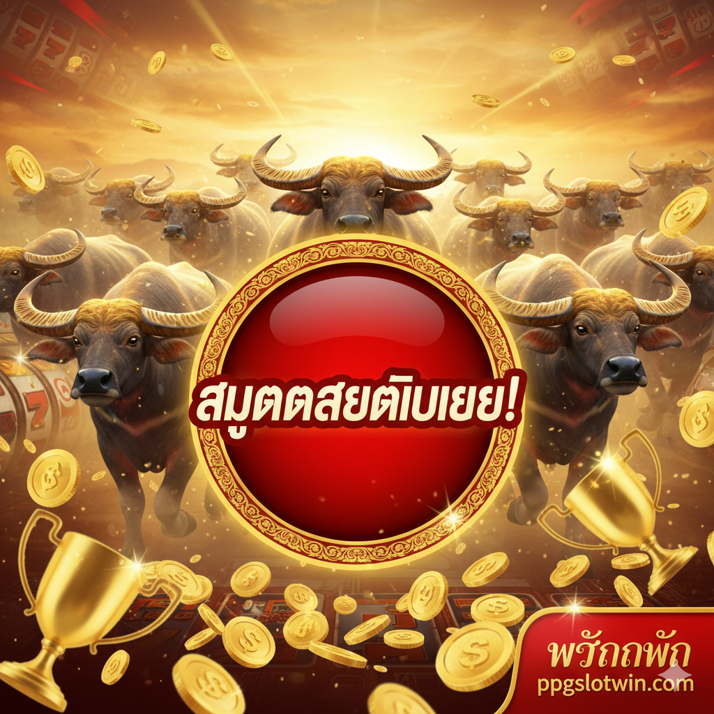 一张强有力的总结和号召行动 (CTA) 图片。图片中央是一个醒目的泰语按钮 "สมัครสมาชิกเลย!"(立即注册!)。背景是一群奔跑中的水牛(ฝูงควายนำโชค),象征着财富和好运。前景是飘落的金币和奖杯。ppgslotwin.com 的Logo清晰可见。整体色调非常喜庆和激励,以金色和红色为主,旨在激发用户立即在ppgslotwin.com注册并开始玩 "ကျွဲဂိမ်း slot"。