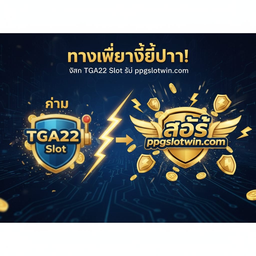 一张醒목的封面图，主题是“从 TGA22 Slot 升级到 ppgslotwin.com”。画面风格为高端、现代的赌场/科技感，主色调使用金色和深蓝色。左侧是旧平台（TGA22 Slot）的图标或名字，略微模糊或带有“旧”的标签，右侧和中心位置是 ppgslotwin.com 的亮眼标志或名字，周围环绕着金币、闪电符号（代表速度）和盾牌（代表安全和稳定）。构图应具有强烈的方向性，暗示用户正从一个普通平台迁移到一个更好的、更快速的 প্ল্যাটฟอร์ม。ใน显眼位置显示泰语“ทางเลือกที่ดีกว่า!” (更好的选择!)