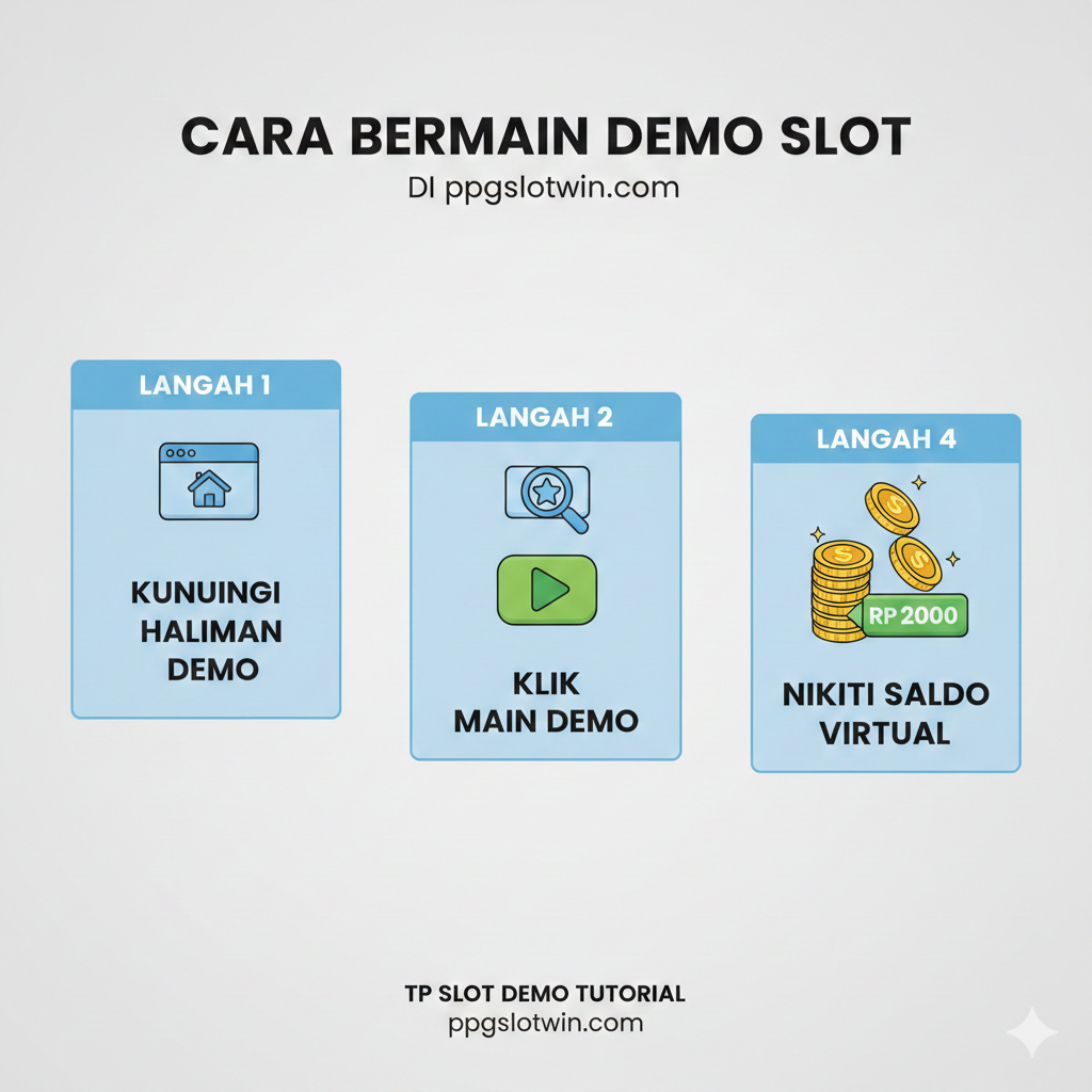 Ilustrasi grafis sederhana yang memandu pengguna melalui 4 langkah bermain demo. Ikon-ikon yang jelas untuk setiap langkah: Kunjungi Halaman Demo, Cari Game Favorit, Klik Main Demo, dan Nikmati Saldo Virtual.