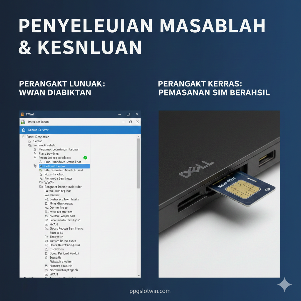 A split-screen image focused on the software and hardware summary/troubleshooting. Left Side (Software): A screenshot or stylized representation of the Windows 'Device Manager' or BIOS screen, highlighting the 'Mobile Broadband' or 'WWAN' entry being successfully recognized (green checkmark or 'enabled' status). Right Side (Hardware): A close-up of a tiny Nano-SIM card being gently inserted into the external SIM card slot of the Dell XPS 15. The composition should convey a successful, final step with a sense of completion and technical resolution.