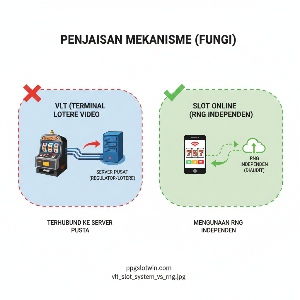 Ilustrasi komparatif yang menjelaskan mekanisme kerja. Sisi kiri (VLT) menampilkan sebuah mesin yang terhubung melalui kabel ke server pusat besar bertuliskan 'Central Server (Regulator/Lotere)'. Sisi kanan (Slot Online) menampilkan ikon smartphone yang menampilkan gulungan slot dan terhubung ke ikon cloud kecil bertuliskan 'Independent RNG (Audited)'. Tampilkan dua mekanisme ini dalam gelembung terpisah dengan ikon 'X' besar di atas sisi VLT dan ikon 'Ceklis' besar di atas sisi Slot Online untuk menekankan superioritas RNG independen. Gaya harus bersih dan informatif (infografis).