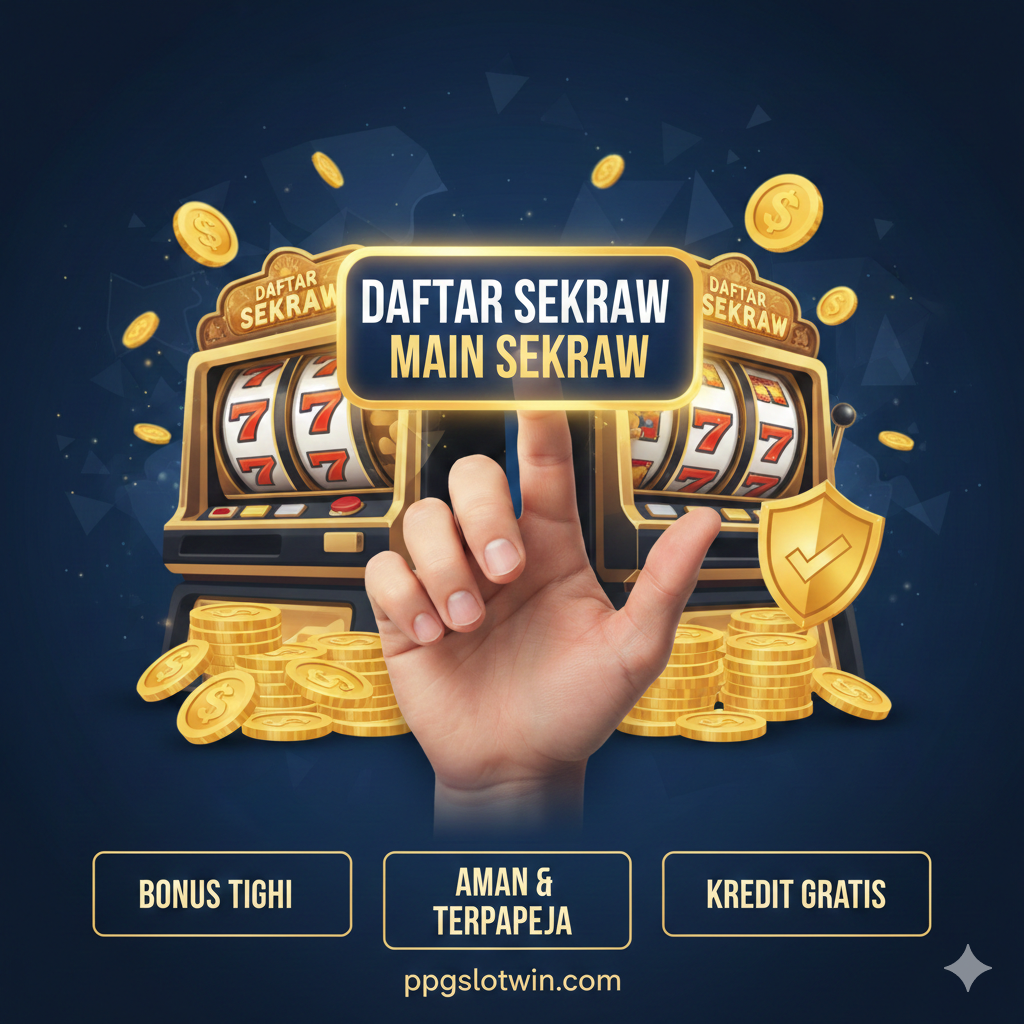 Gambar penutup yang mengundang tindakan ('call to action'). Visual utama harus berupa tangan yang menekan tombol virtual besar bertuliskan 'Daftar Sekarang' atau 'Main Sekarang' yang berkedip. Di latar belakang, satukan semua elemen keunggulan: siluet mesin slot, koin emas, dan lencana keamanan. Di bagian bawah, secara tipografi masukkan frasa kunci seperti 'Bonus Tinggi', 'Aman & Terpercaya', dan 'Kredit Gratis'. Gunakan komposisi yang kuat dan mengarah ke depan (focal point), dengan warna yang memancarkan kepercayaan diri (misalnya, emas dan biru tua) untuk mendorong pembaca segera bergabung di ppgslotwin.com.