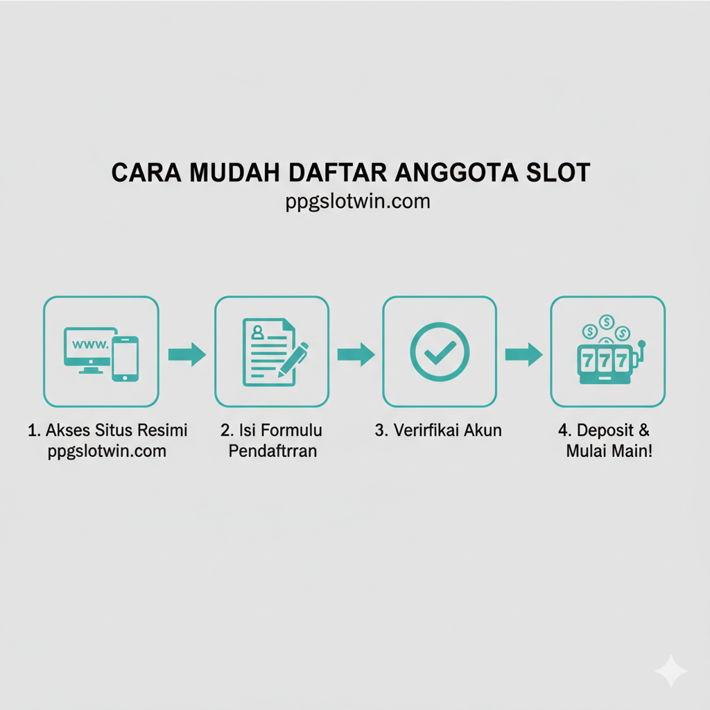 Visualisasi langkah demi langkah yang sederhana untuk proses pendaftaran ('สม้ครสมาชิกสล็อต'). Gunakan empat kotak berurutan atau panah melingkar yang intuitif. Kotak pertama: ikon 'Komputer/Ponsel' (Akses Situs Resmi). Kotak kedua: ikon 'Formulir dengan Pena' (Isi Formulir Pendaftaran). Kotak ketiga: ikon 'Centang/Tanda Verifikasi' (Verifikasi Akun). Kotak keempat: ikon 'Koin Masuk ke Slot Machine' (Deposit & Main). Gaya harus berupa ikonografis yang minimalis dan mudah dipahami, dengan latar belakang netral dan penggunaan warna aksen yang konsisten untuk menunjukkan alur yang mulus dan cepat, menonjolkan kemudahan 'Daftar Anggota Slot' di ppgslotwin.com.