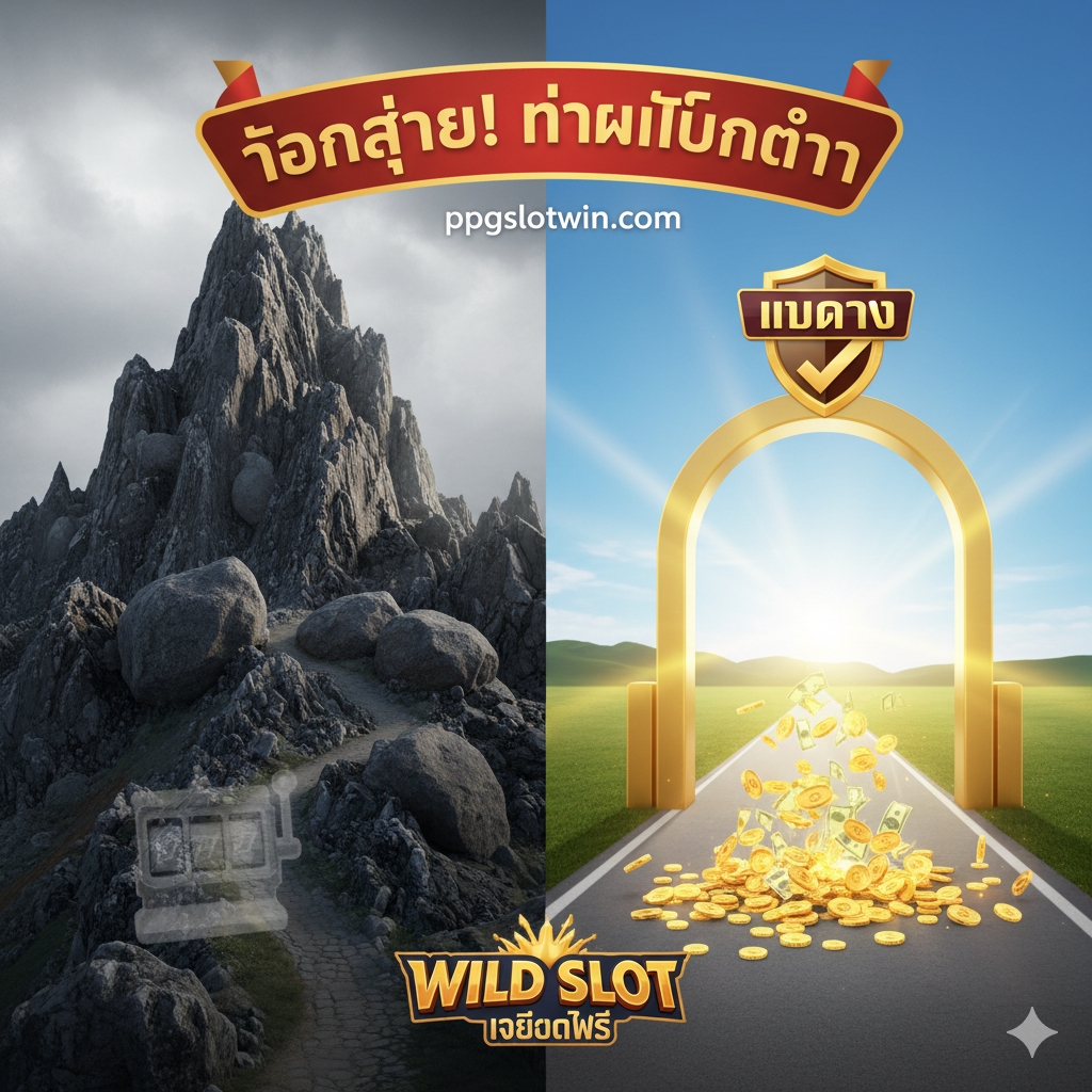 ภาพที่เน้นความแตกต่างและข้อได้เปรียบของเว็บไซต์ (Advantages/Differentiator) สื่อถึง 'ถอนได้จริง' และ 'ทำเทิร์นต่ำ' ใช้ภาพเปรียบเทียบเชิงสัญลักษณ์: ด้านหนึ่งเป็นกำแพงอิฐหรือภูเขาสูง (สื่อถึงเทิร์นสูงของเว็บอื่น) และอีกด้านเป็นทางเดินที่ราบเรียบ/ประตูเปิด (สื่อถึงเทิร์นต่ำของ ppgslotwin.com) พร้อมข้อความเน้นย้ำว่า "ถอนง่าย! ทำเทิร์นต่ำ" และมีภาพสัญลักษณ์เงินที่ไหลออกจากตู้นิรภัย หรือมีไอคอน 'เว็บตรง' ขนาดใหญ่ประกอบอยู่ ภาพรวมต้องดูน่าเชื่อถือและเน้นย้ำความโปร่งใส