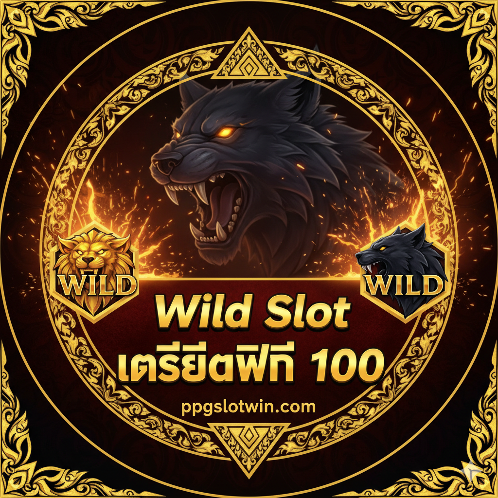 ภาพหน้าปกสไตล์กราฟิกเกมสล็อตพรีเมียม (Thai Style Slot Banner) เน้นโทนสีทอง ดำ และแดงเข้ม เพื่อสื่อถึงความหรูหราและความน่าเชื่อถือ องค์ประกอบหลักคือข้อความขนาดใหญ่สะดุดตาเป็นภาษาไทยว่า "Wild Slot เครดิตฟรี 100" หรือ "Wild Slot ไม่ต้องฝาก" โดยมีโลโก้หรือชื่อย่อของ "ppgslotwin.com" ขนาดเล็กกว่าวางไว้ด้านล่าง มีภาพสัญลักษณ์ Wild (เช่น รูปเสือ รูปหมาป่า หรือสัญลักษณ์อื่นๆ ที่เกี่ยวข้องกับ Wild) วางเป็นฉากหลังแบบเบลอๆ หรือมีเอฟเฟกต์ประกายไฟ/แสงสว่าง ดูดึงดูดใจและกระตุ้นการคลิก