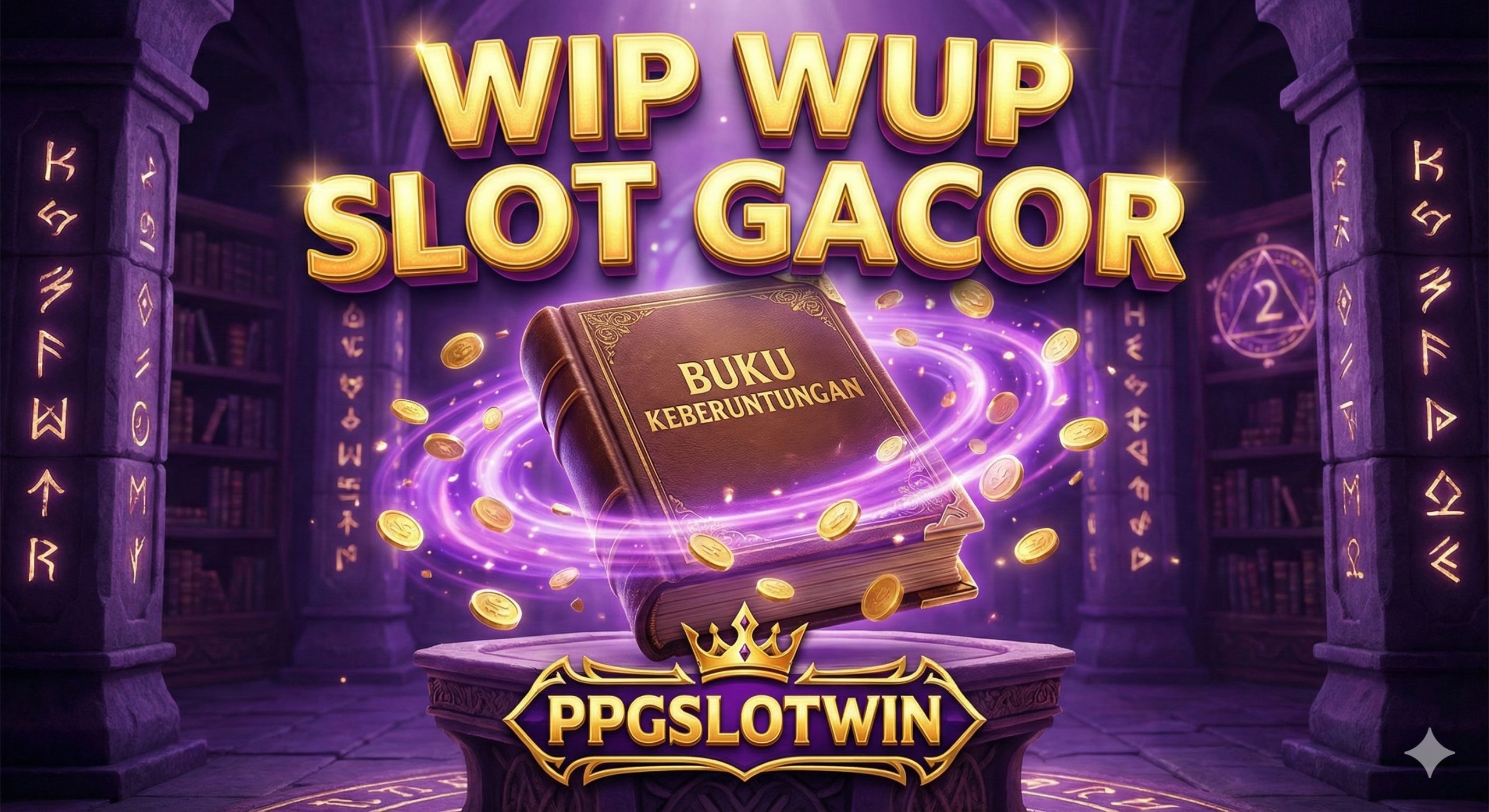 一张极具视觉冲击力的3D封面图，背景营造出神秘的魔法氛围，参考PG Soft的Wizdom Wonders风格。画面中央是一本打开的古老魔法书，书页中喷涌出耀眼的紫色魔法光芒（Wip Wup特效）和金币，象征着巨大的财富。画面上方有立体的金色标题“Wip Wup Slot Gacor”，下方带有醒目的“PPGSlotWin”品牌标志。整体色调为深紫色搭配辉煌的金色，光影效果华丽，充满诱惑力。